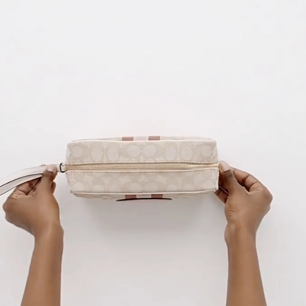 COACH DEMPSEY LARGE BOXY COSMETIC CASE N SIGNATURE JACQUARD WITH COACH PATCH